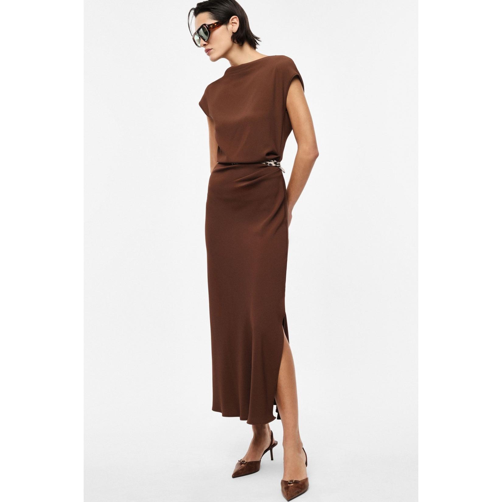 Abito lungo scollo barca cintura animalier