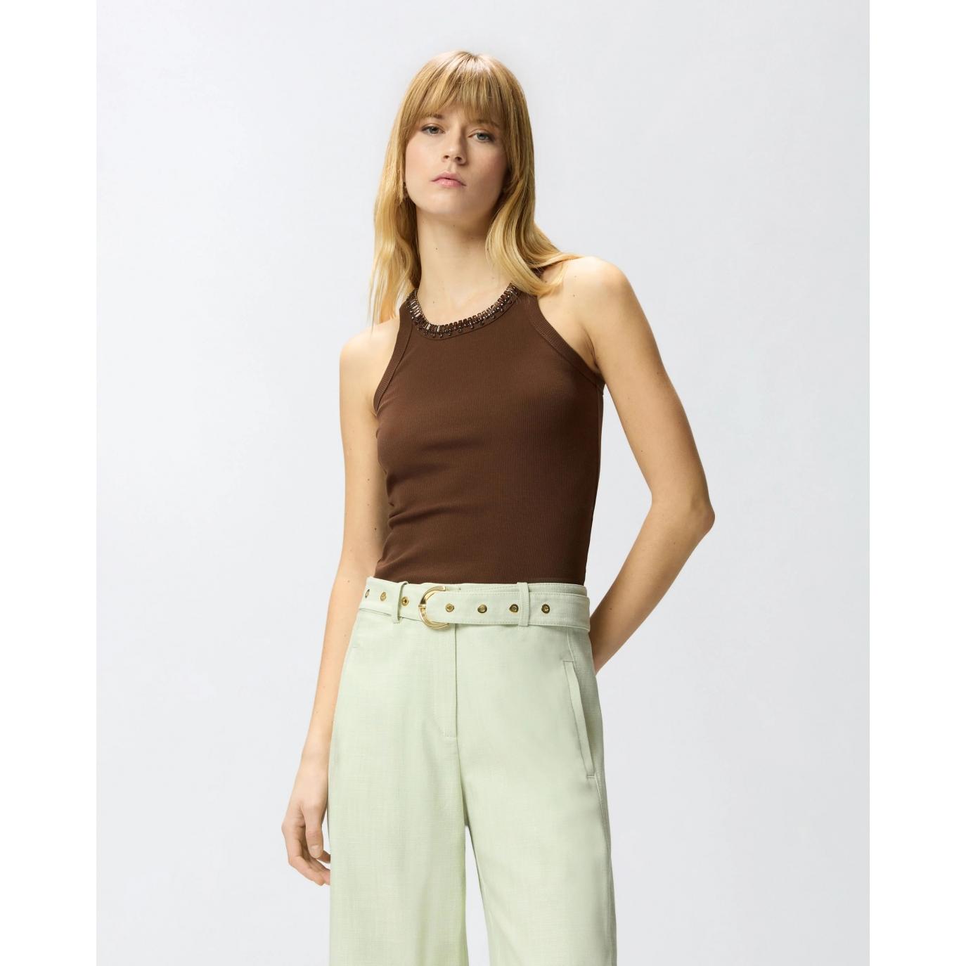 Top a costine con ricami gioiello (REDBULL CANOTTA)